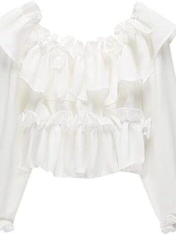 Women Slash Neck Off Shoulder Ruffle Tops Baggy Puff Sleeve Pleated Blouses