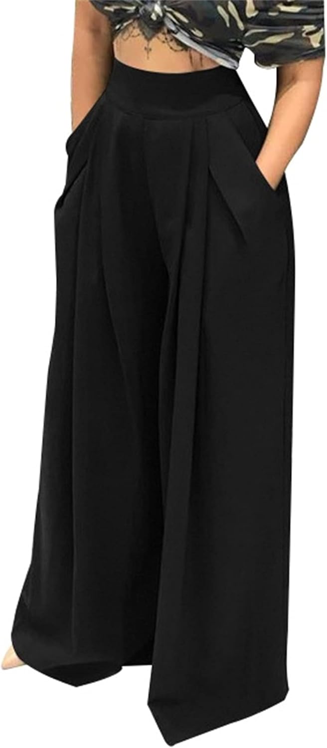 Pants for Women High Waisted Wide Leg Stretchy Loose Fit Casual Trousers with Pocket