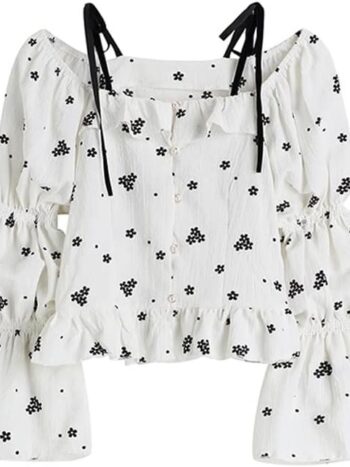 Retro Floral Print Women Blouses Baggy Puff Sleeve Ruffle Top Slash Neck Off Shoulder Clothes