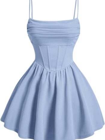 women Ruched Corset Dress Spaghetti Strap Fit and Flare Flowy Skater Mini Cami Dress
