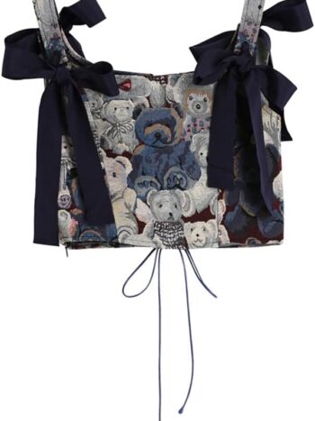 Korean Cute Bear Bow Women Suspender Vest Vintage Casual Sleeveless Off Shoulder Ladies Crop Tops