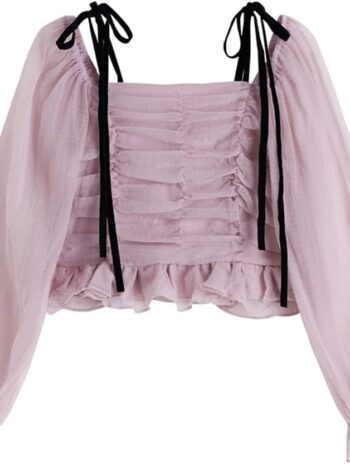 Off Shoulder Pleated Mesh Shirt Women Sweet Vintage Square Collar Long Sleeve Ladies Chiffon Tops