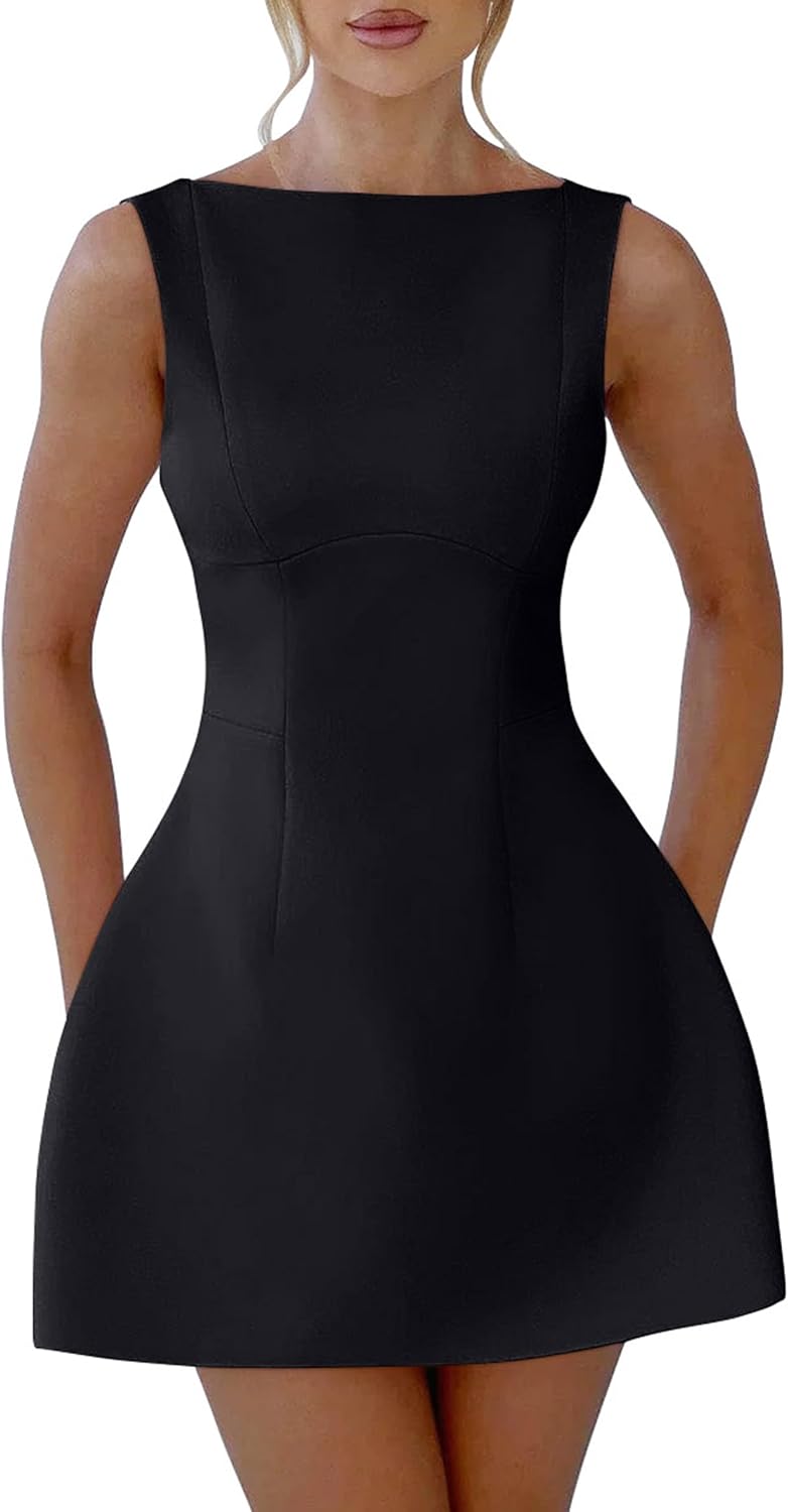 women Sexy Sleeveless Crew Neck Backless A-line Party Short Mini Dress