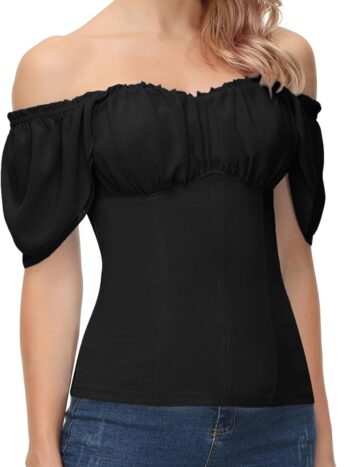 Women Renaissance Shirt Off Shoulder Flutter Short Sleeve Top Summer Square Neck Peasant Blouse