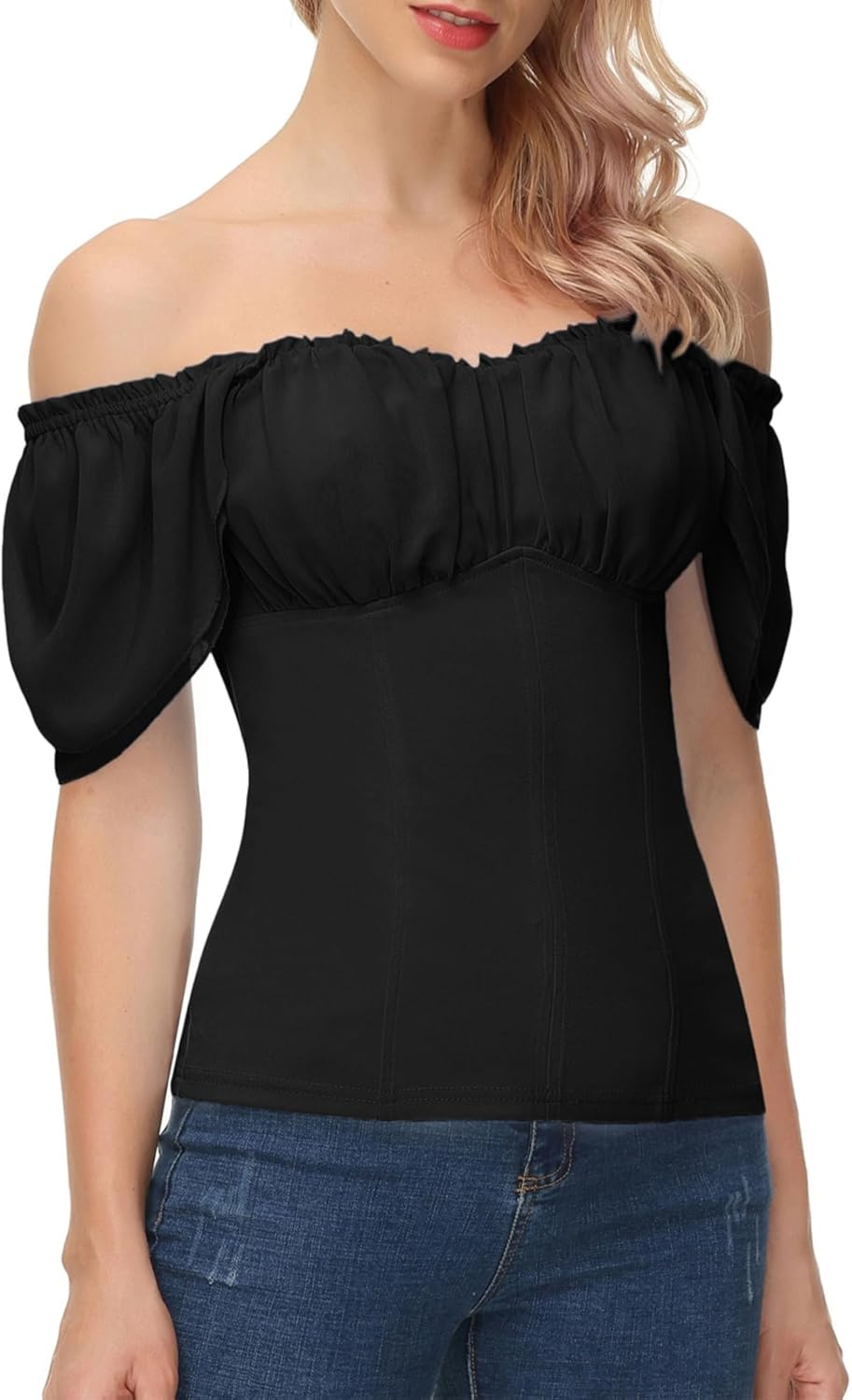 Women Renaissance Shirt Off Shoulder Flutter Short Sleeve Top Summer Square Neck Peasant Blouse