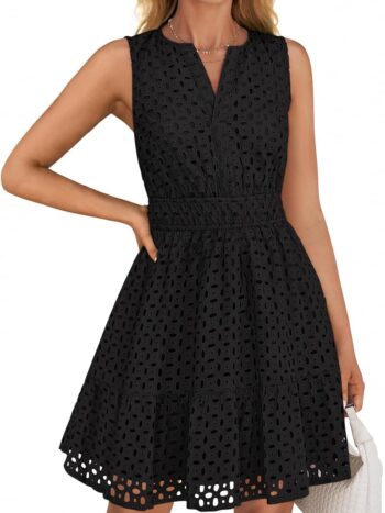 women Summer Sleeveless Mini Dress V Neck Hollow Out Eyelet High Waist A Line Swing Short Party Dresses