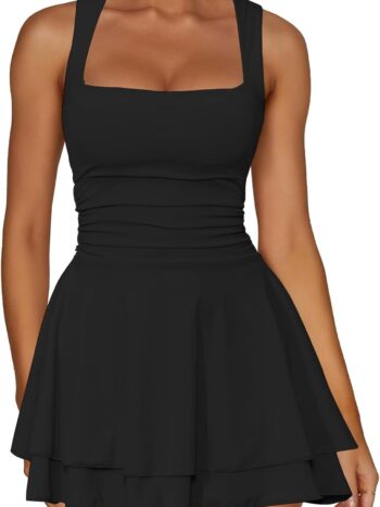women Square Neck Ruffle Hem Mini Dress Ruched Waist Short Party Dresses