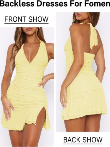Women Sexy Halter Deep V Neck Ruched Bodycon Dress Summer Side Slit Mesh Hem Cocktail Club Party Short Mini Dresses