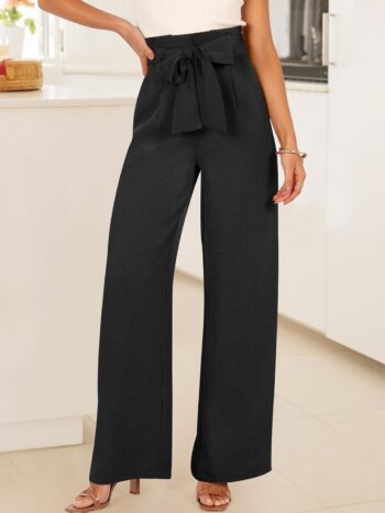Womens Wide Leg  Pants Belted High Waisted Business Casual Flowy Long Trousers with Pockets