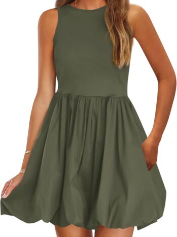 Summer Dresses for Women 2025 Casual Sleeveless Tank Mini Short Dress Crew Neck Bubble Sundress with Pockets
