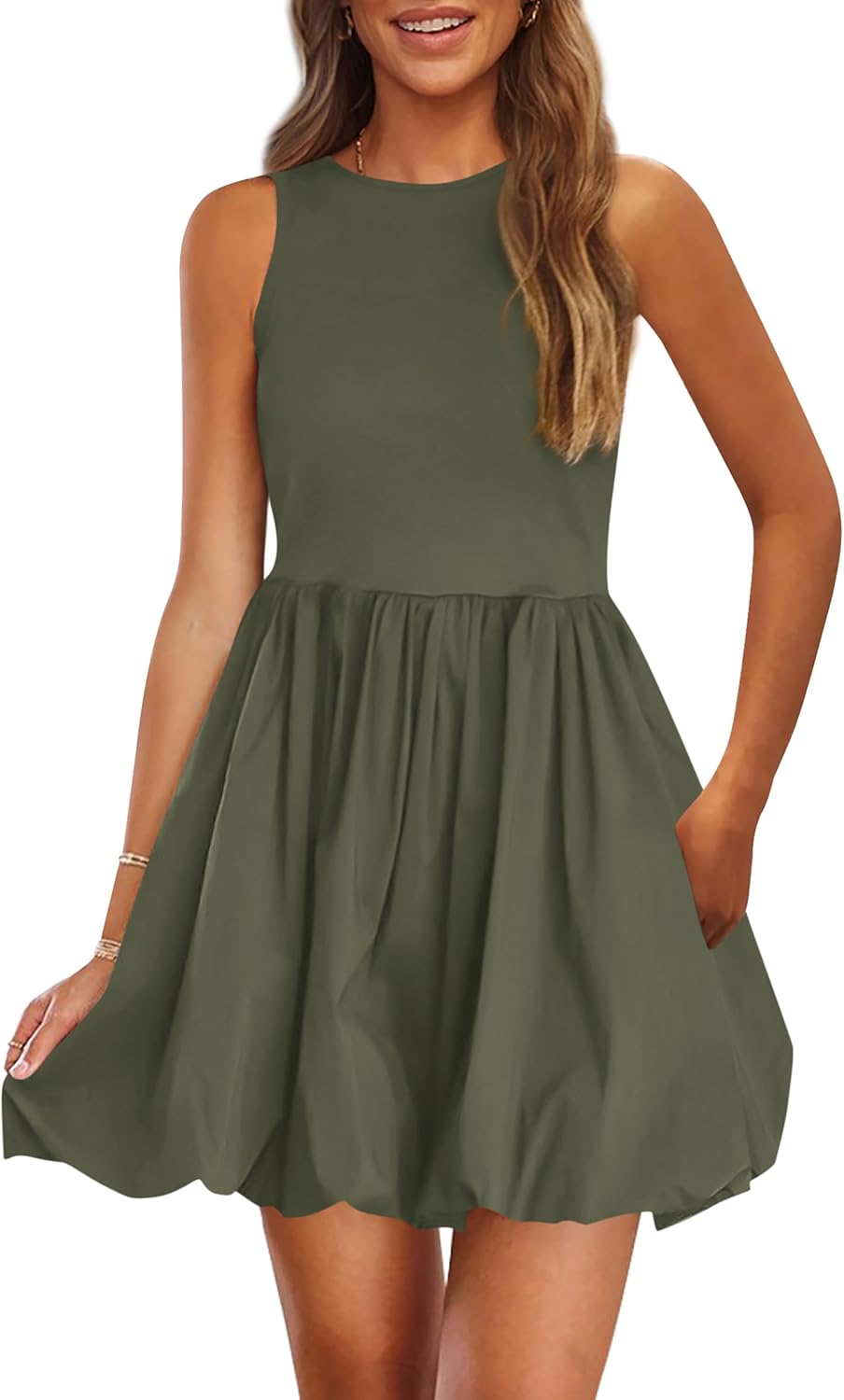 Summer Dresses for Women 2025 Casual Sleeveless Tank Mini Short Dress Crew Neck Bubble Sundress with Pockets