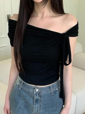 Irregular Knotted Straps Off-Shoulder Top Sexy Temperament Pleated Slim Fit Versatile T-Shirt