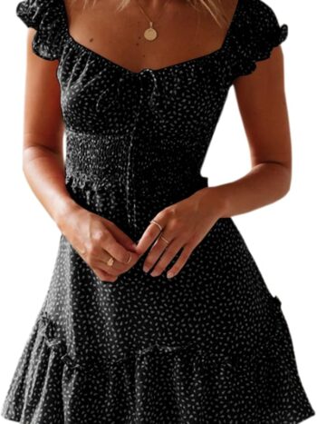 women Summer Ruffle Sleeve Sweetheart Neckline Printing Dress Mini Dresses