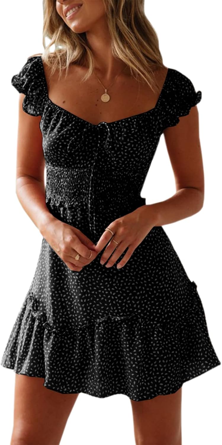 women Summer Ruffle Sleeve Sweetheart Neckline Printing Dress Mini Dresses