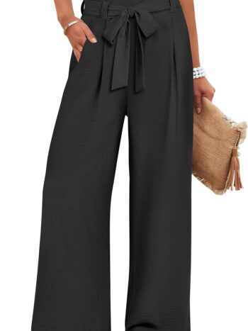 Womens Wide Leg  Pants Belted High Waisted Business Casual Flowy Long Trousers with Pockets
