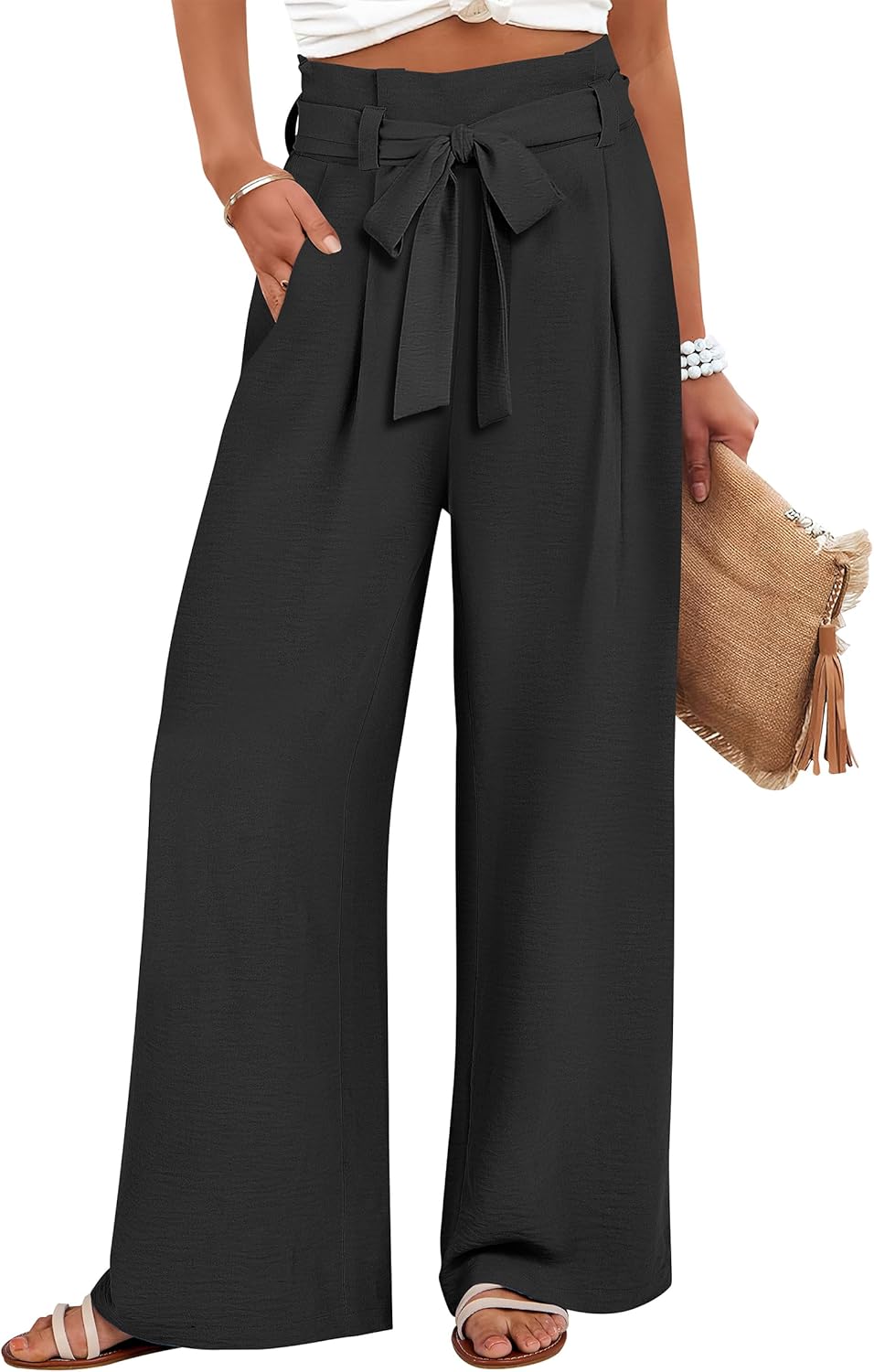 Womens Wide Leg  Pants Belted High Waisted Business Casual Flowy Long Trousers with Pockets