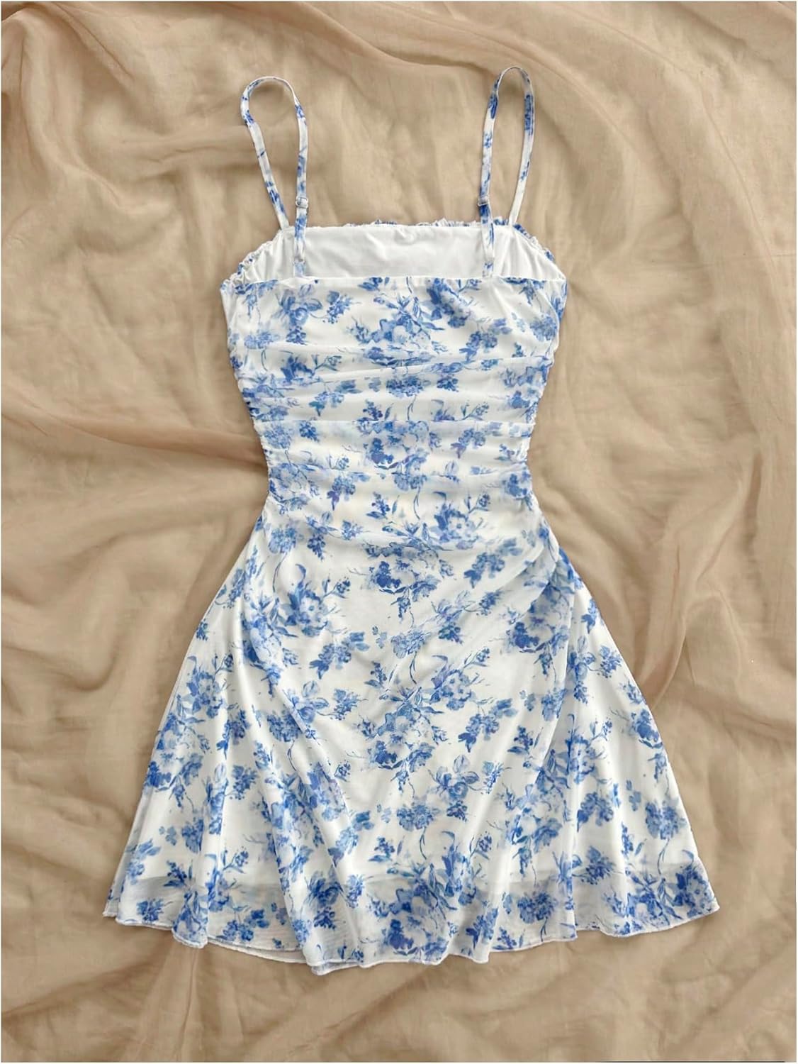 women Floral Print Ruched Cami Dress Spaghetti Strap Ruffle Hem Mesh Mini Dress