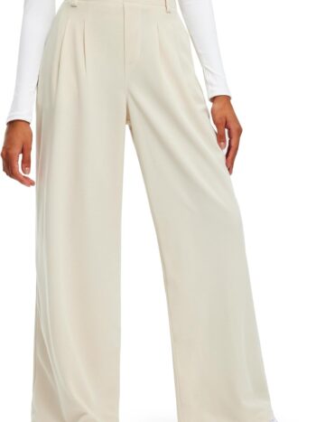 Women's Wide Leg Pants 27"/29" High Waisted Waffle Knit Casual Slacks Work Pants Business  Trousers with Pockets