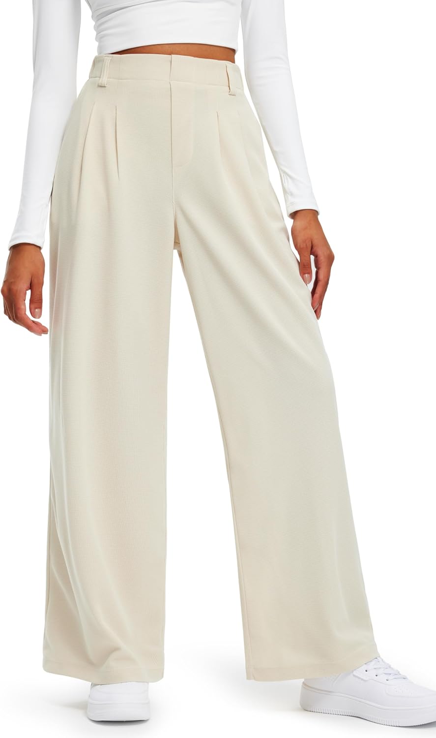 Women's Wide Leg Pants 27"/29" High Waisted Waffle Knit Casual Slacks Work Pants Business  Trousers with Pockets
