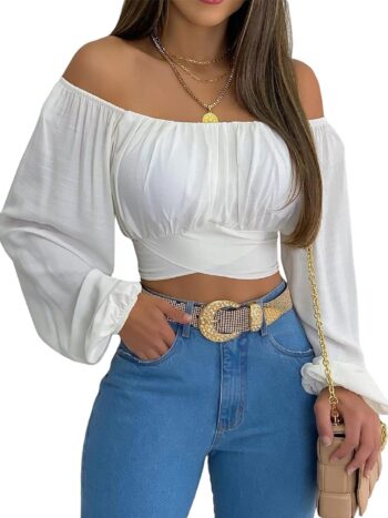 Woman Off Shoulder Ruched Tie Back Crop Top Summer Lantern Sleeve Boho Shirt Blouse