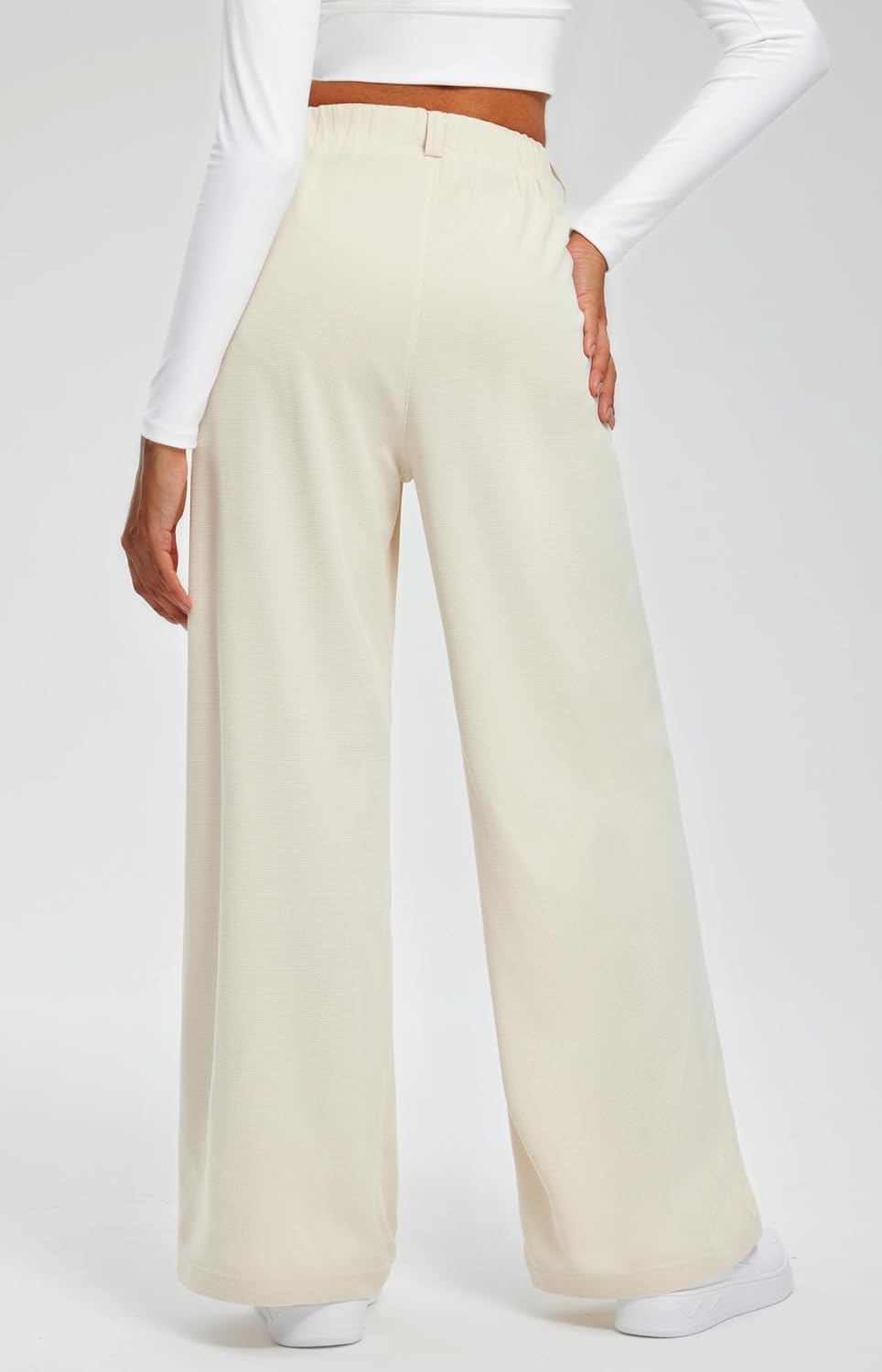 Women's Wide Leg Pants 27"/29" High Waisted Waffle Knit Casual Slacks Work Pants Business  Trousers with Pockets