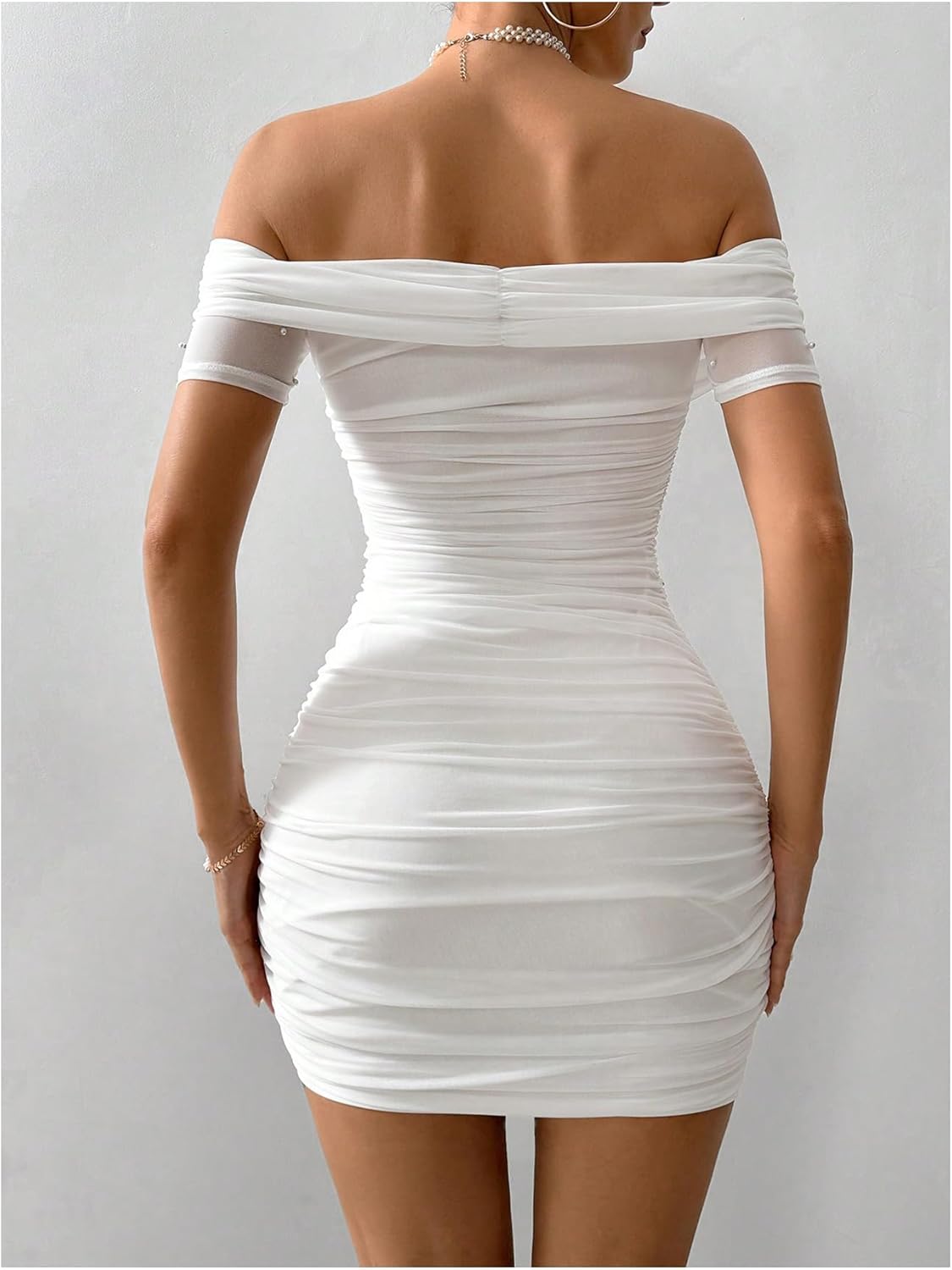 women Pearl Beaded Off Shoulder Short Dress Short Sleeve Bodycon Party Dresses