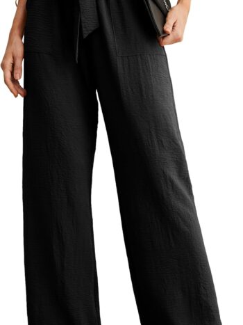 Women's Wide Leg Pants with Pockets High Waist Adjustable Knot Loose Casual Trousers Business Work Casual Pants