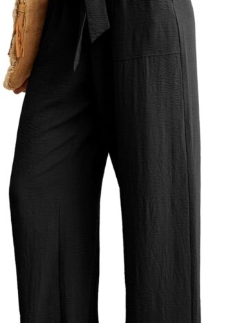 Women's Wide Leg Pants with Pockets High Waist Adjustable Knot Loose Casual Trousers Business Work Casual Pants