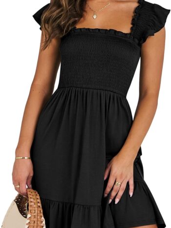 women Summer Casual Sleeveless Square Neck Dress 2025 Smocked Ruffle Backless Boho Beach Cute Teen Short Sundress
