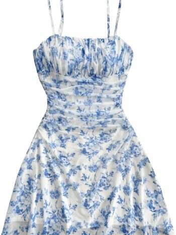 women Floral Print Ruched Cami Dress Spaghetti Strap Ruffle Hem Mesh Mini Dress
