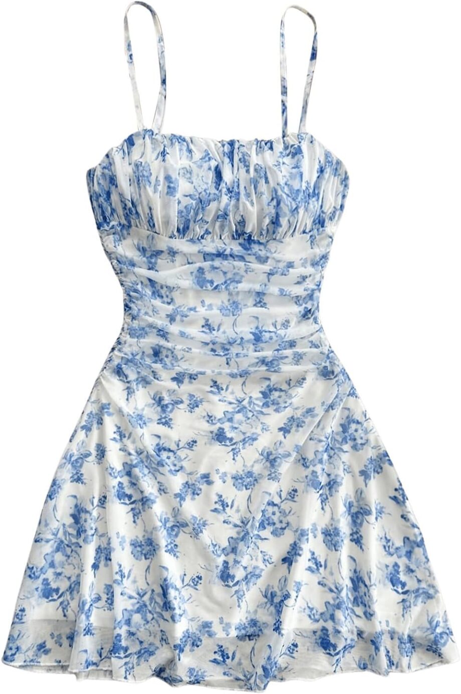 women Floral Print Ruched Cami Dress Spaghetti Strap Ruffle Hem Mesh Mini Dress