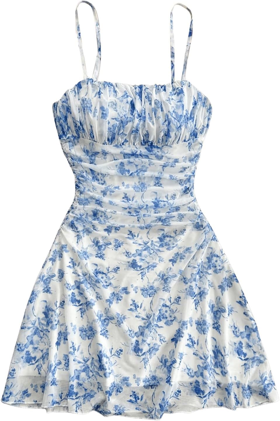 women Floral Print Ruched Cami Dress Spaghetti Strap Ruffle Hem Mesh Mini Dress