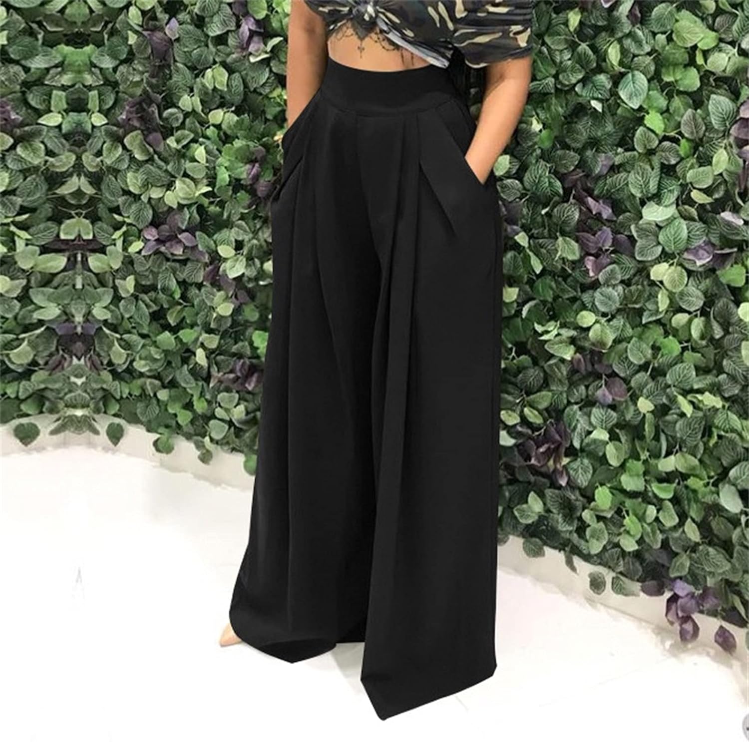 Pants for Women High Waisted Wide Leg Stretchy Loose Fit Casual Trousers with Pocket