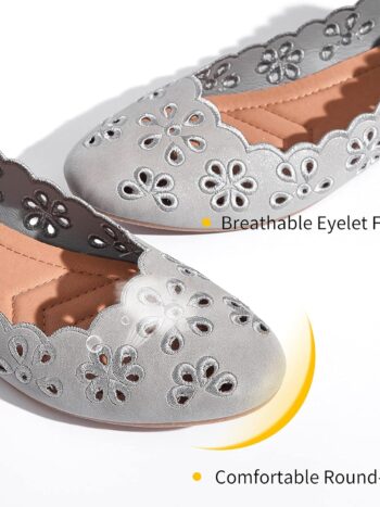 Women's Ballet Flats Black PU Leather Dress Shoes Comfortable Round Toe Slip on Flats with Breathable Eyelets